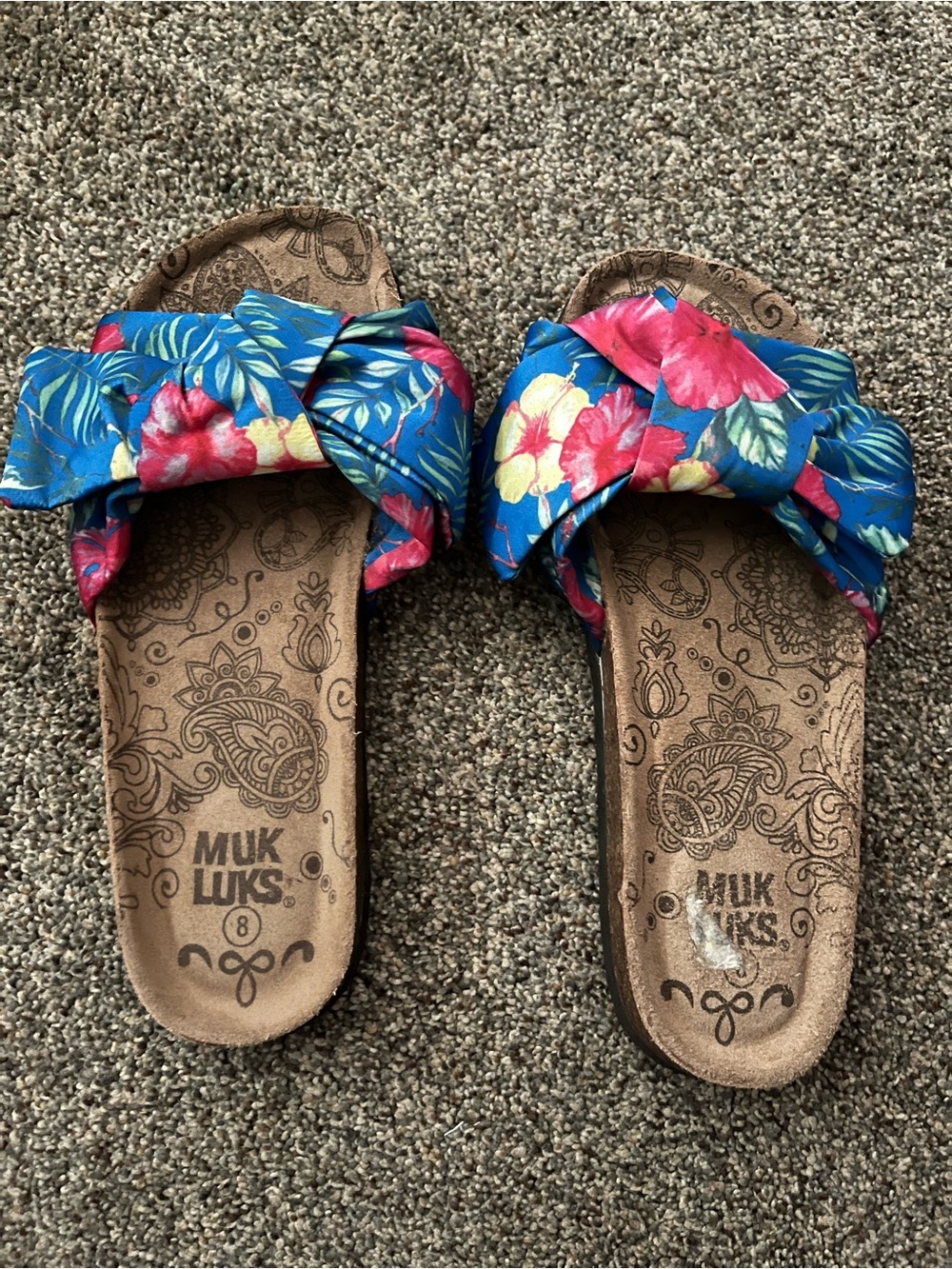 Muk Luks Floral Bow Slide Sandals in Blue with Pink & Yellow Flowers